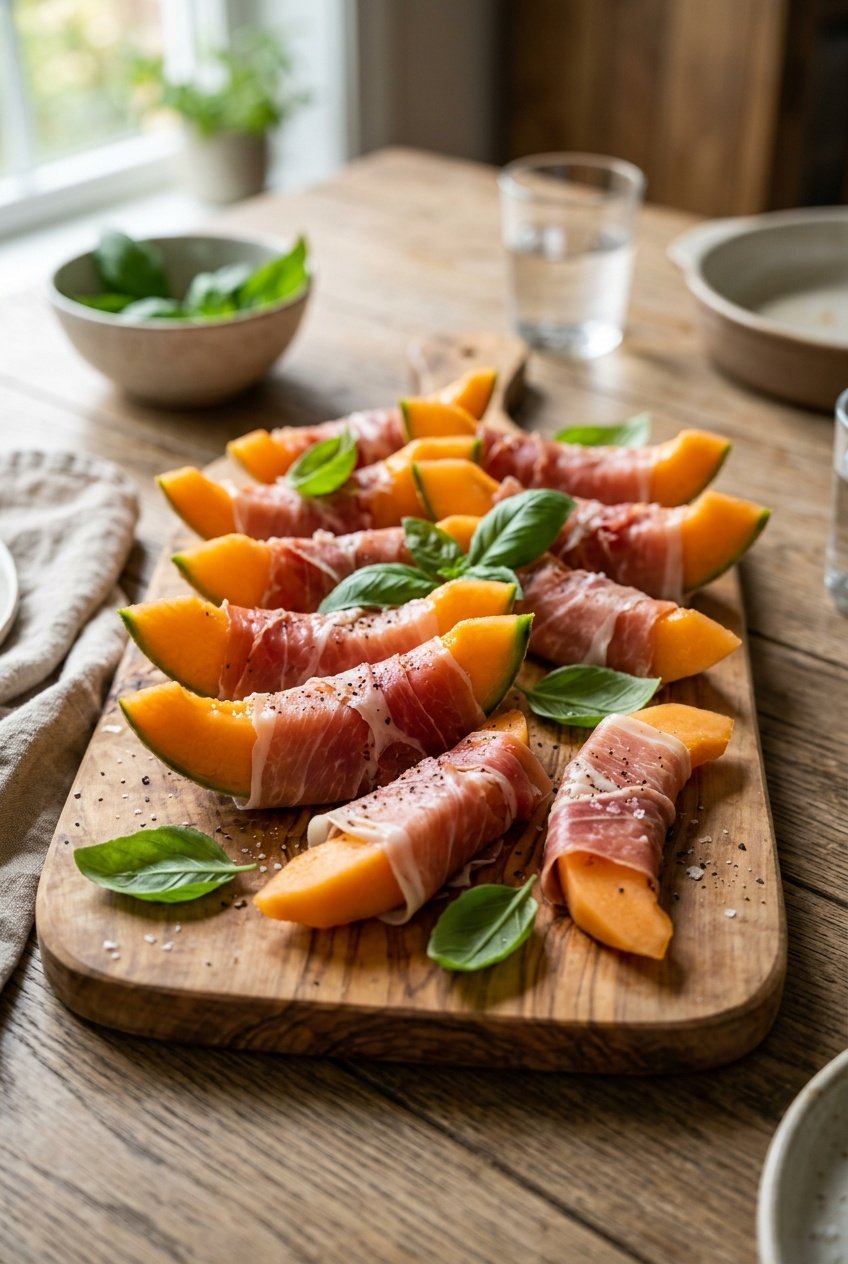 A wooden board of cantaloupe wedges wrapped in thin ribbons of prosciutto, garnished with scattered fresh basil leaves.