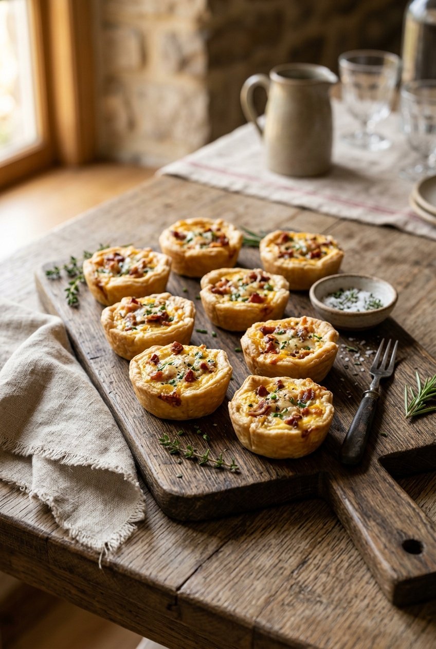 Several golden-topped mini quiche Lorraine on a weathered wooden serving board, with a loosely folded linen napkin and a small cluster of fresh herbs in the background.