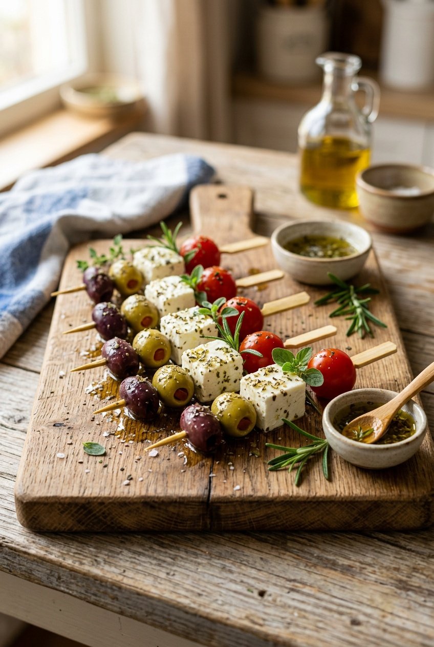 A wooden board with skewers threaded with large green olives, bright red cherry tomatoes, and chunky white feta cubes, with a scatter of dried herbs and a drizzle of olive oil.