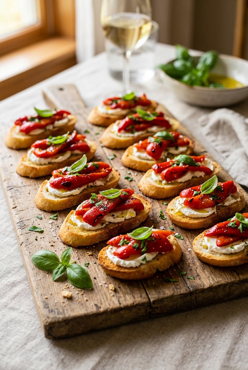 Rows of toasted baguette rounds spread with creamy white goat cheese and topped with strips of roasted red pepper, arranged on a rustic wooden board.