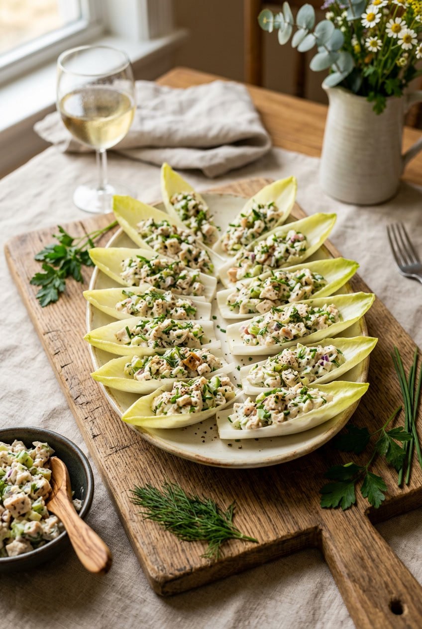 A wooden board with pale yellow Belgian endive leaves filled with a creamy, chunky chicken salad, surrounded by scattered fresh herb sprigs.
