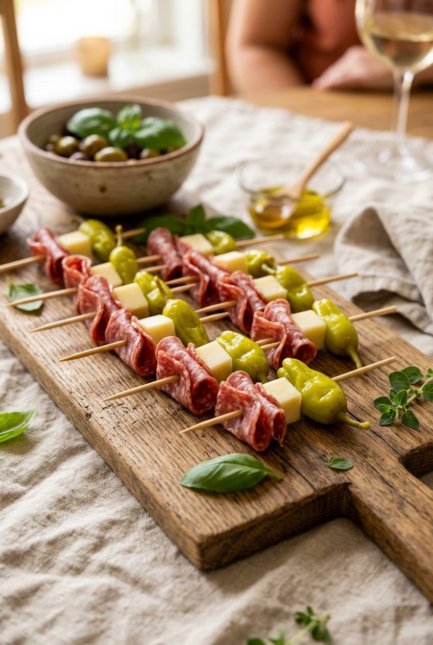A close-up of wooden skewers threaded with folded salami, pale yellow provolone cubes, wrinkled golden pepperoncini, and cherry tomatoes on a dark wooden board.