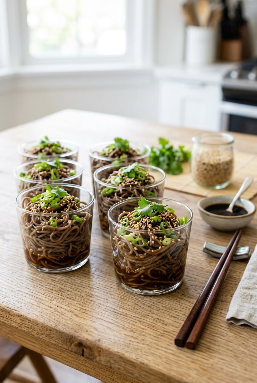 Clear glass cups filled with dark soba noodles tossed in a glossy sesame sauce, topped with thin-sliced green onions and a sprinkle of white sesame seeds on a wooden surface.