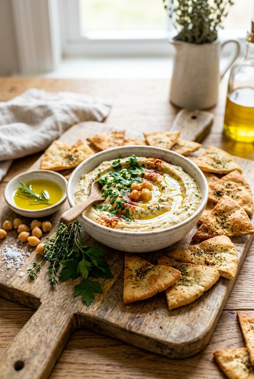 A wide ceramic bowl of pale green herbed hummus topped with a pool of golden olive oil and a scattering of fresh parsley leaves, surrounded by golden pita crisps on a wooden board.