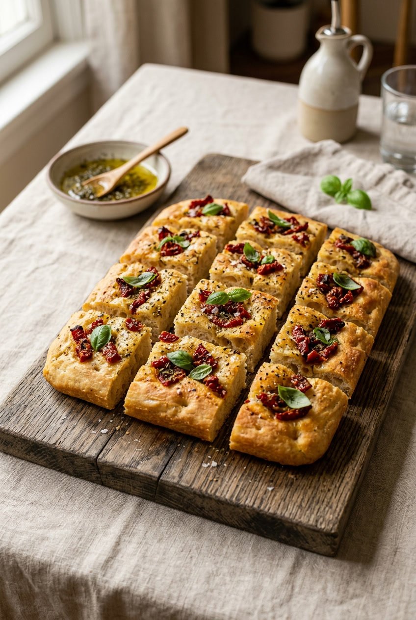 Golden-brown focaccia squares topped with dark sun-dried tomato pieces, scattered fresh basil, and a dusting of grated Parmesan, arranged on a wooden board with a small bowl of olive oil nearby.