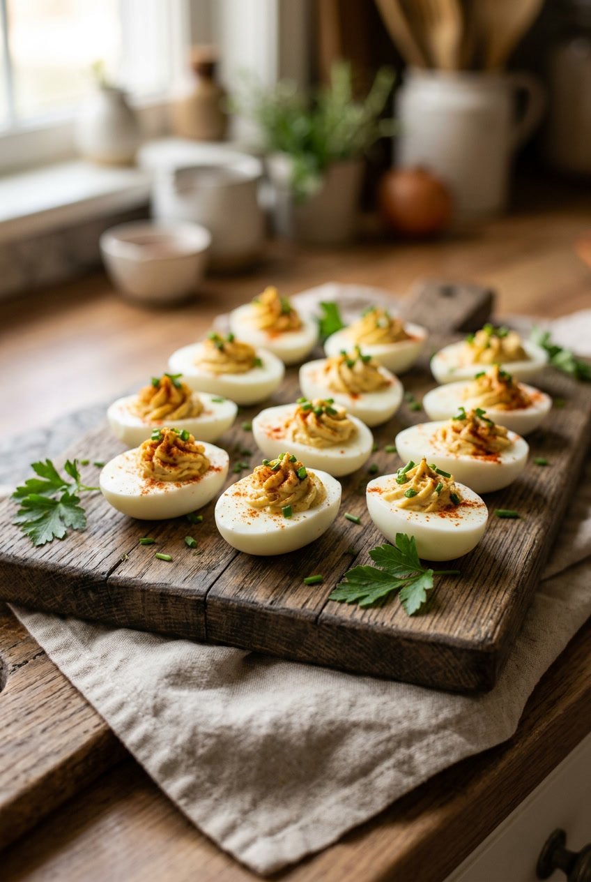 A close-up of deviled egg halves piped with a smooth yellow yolk filling and dusted with deep red smoked paprika, arranged on a wooden board with fresh herbs tucked alongside.