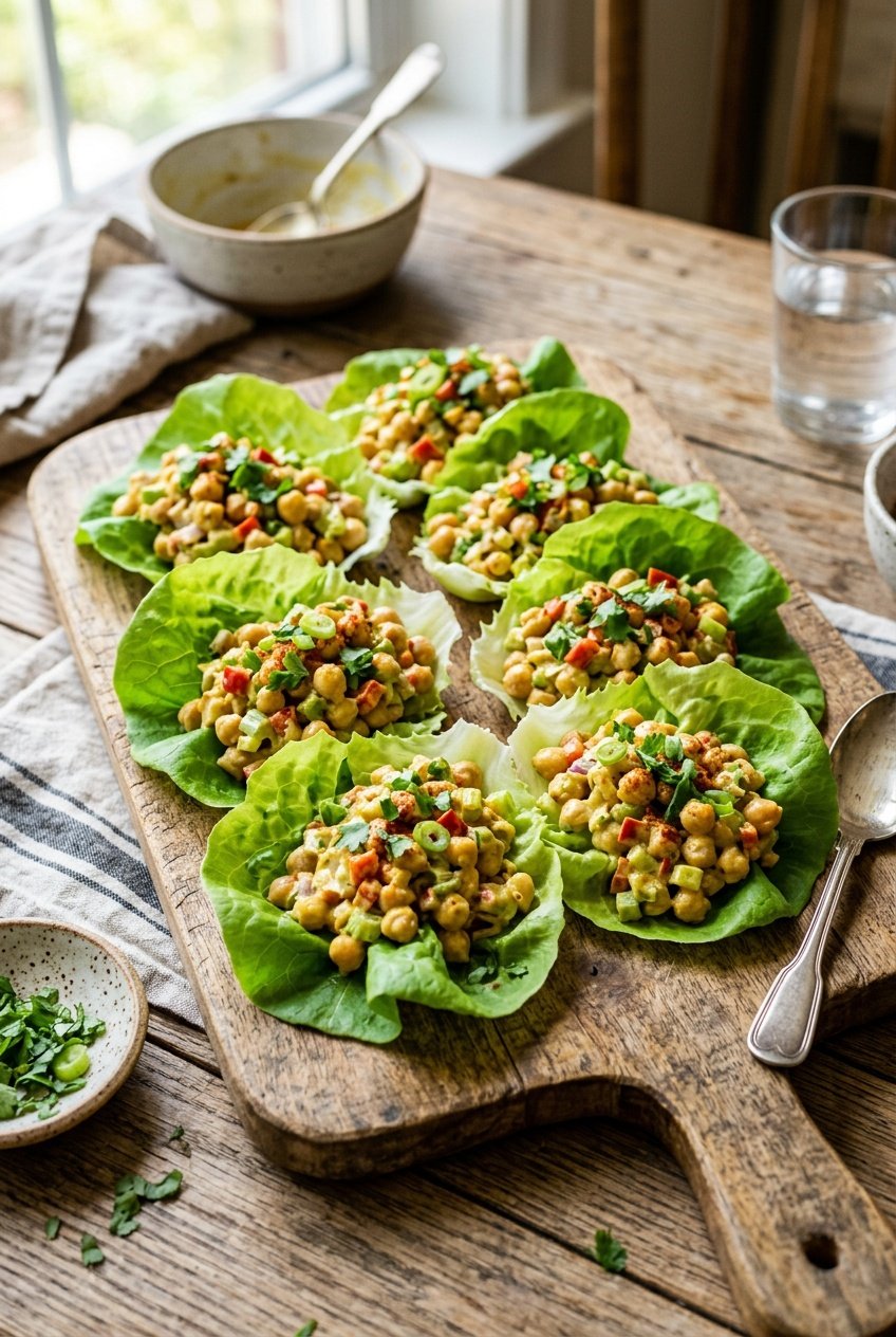 Crisp green butter lettuce cups filled with a golden-yellow curried chickpea salad with visible chunks of chickpea, celery, and red onion on a wooden platter.