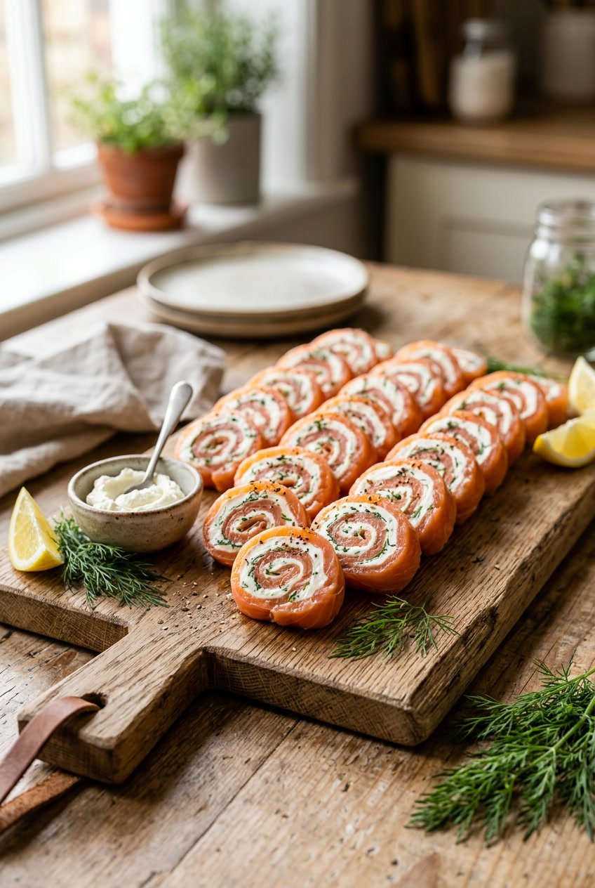 A wooden serving board with rows of spiral-cut tortilla pinwheels revealing layers of cream cheese, pink smoked salmon, and flecks of fresh dill, with lemon wedges and a small bowl of cream cheese alongside.