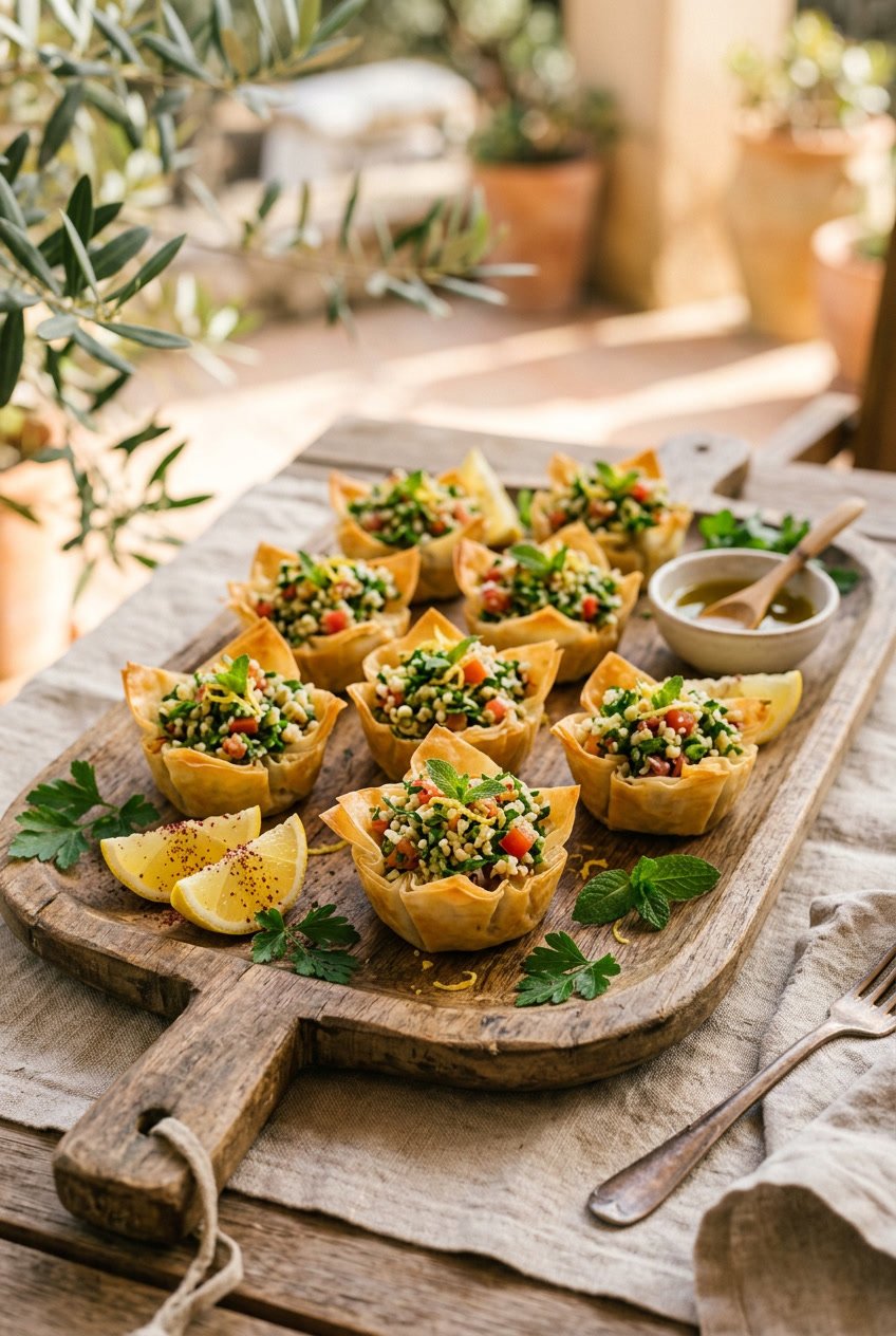 A wooden platter of golden mini phyllo cups filled with bright green tabbouleh salad showing flecks of red tomato and parsley, with lemon wedges and fresh herb stems arranged around the edge.
