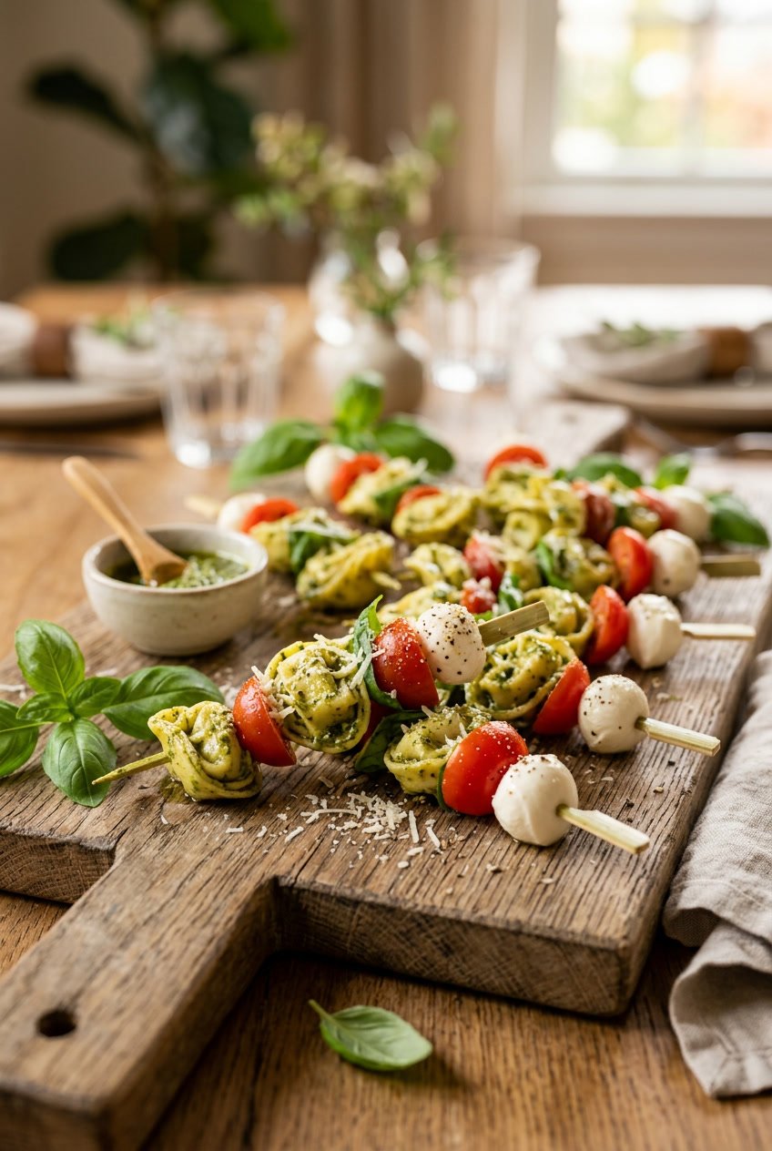 A close-up of wooden skewers on a board, each holding a plump cheese tortellini, a halved red cherry tomato, and a small mozzarella ball coated in glossy green pesto.