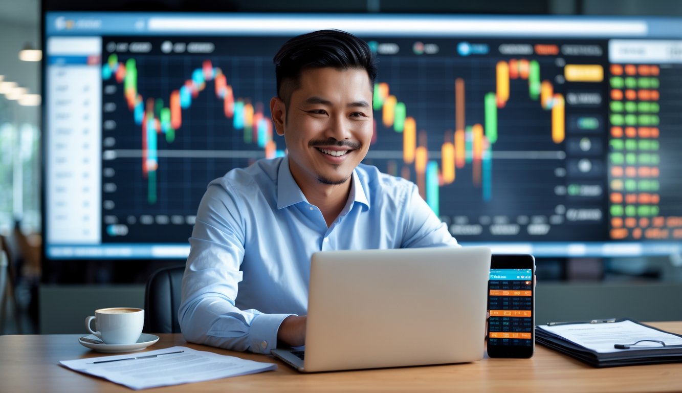 Seorang pria Indonesia sedang menganalisis data taruhan kuda pacuan di depan laptop di kantor modern.
