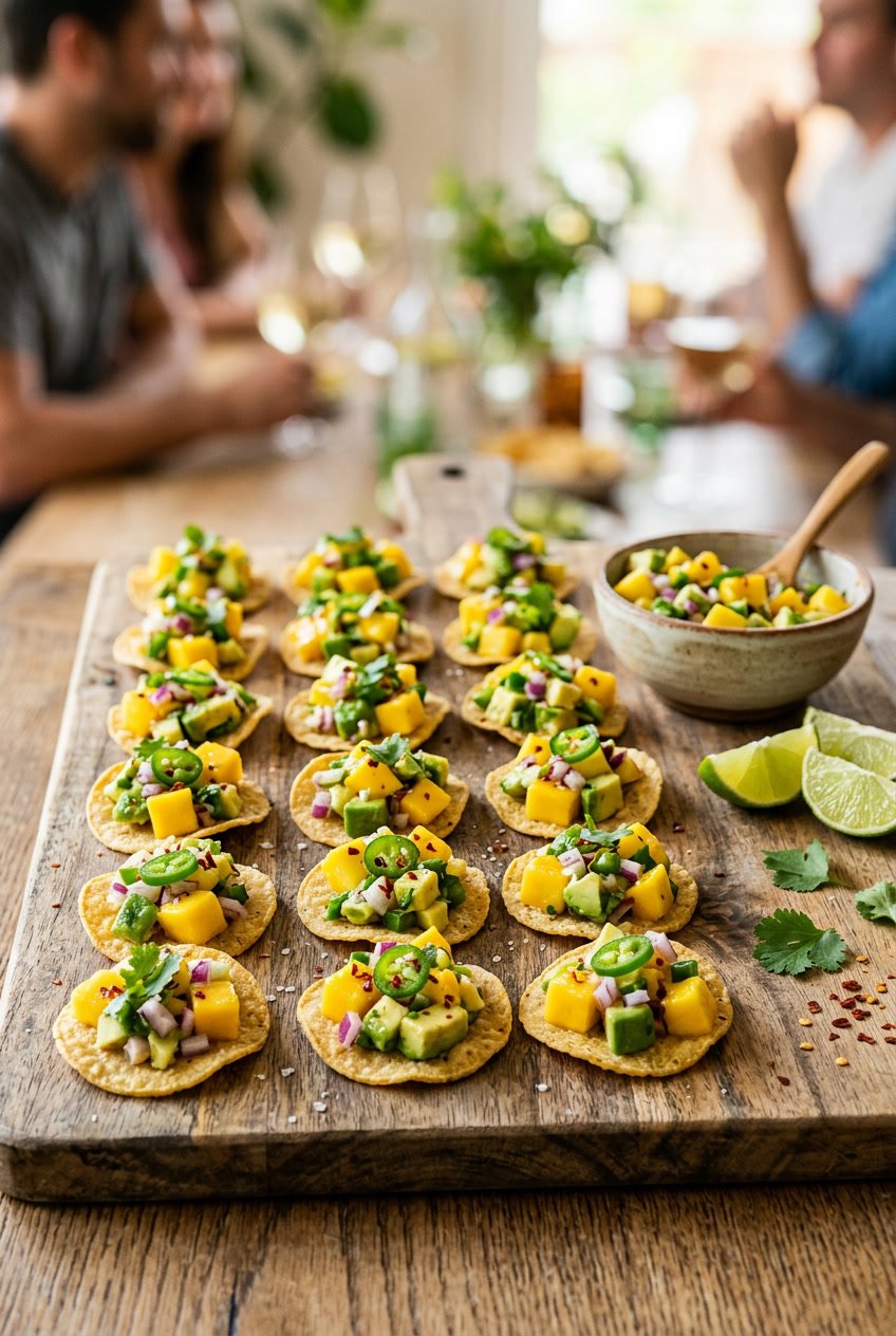 A wooden board with sturdy scoop-style tortilla chips each filled with a spoonful of chunky mango and avocado salsa showing bright orange mango, pale green avocado, and flecks of red onion, with lime wedges and fresh cilantro scattered around.