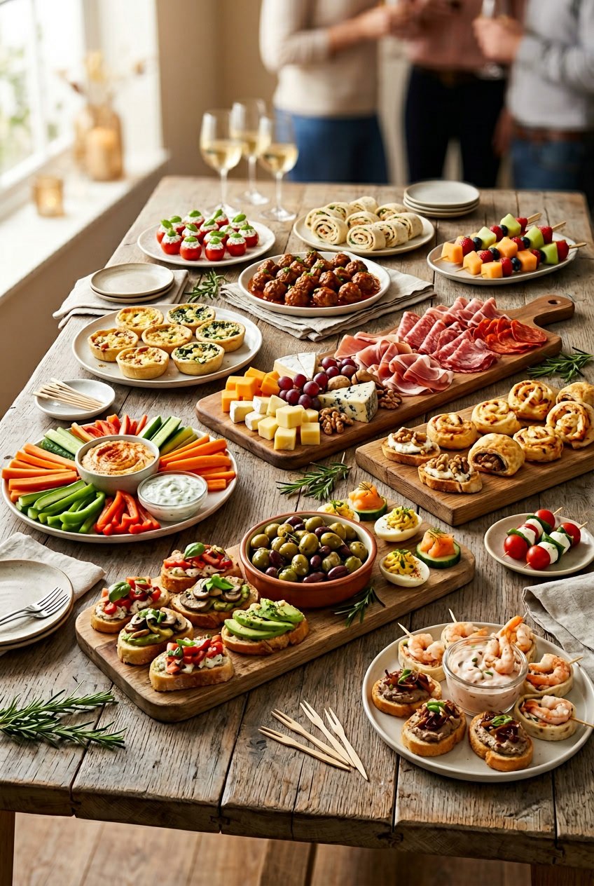 A wide wooden table spread with a variety of bite-sized party appetizers including soft cheese rounds, rolled meats, halved cherry tomatoes, and small golden pastries arranged informally across cutting boards and plates.