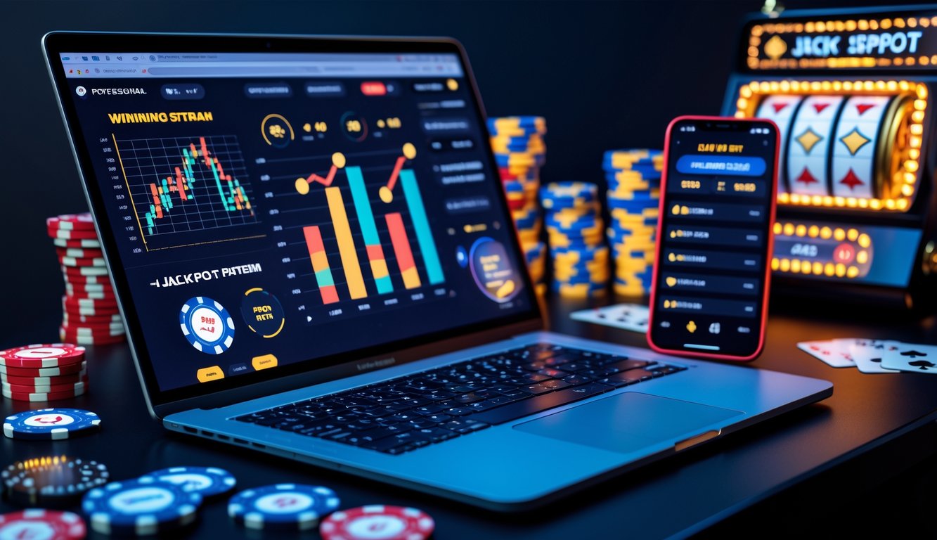 Seorang pria menggunakan laptop dan ponsel dengan tampilan grafik dan simbol judi di meja kerja.