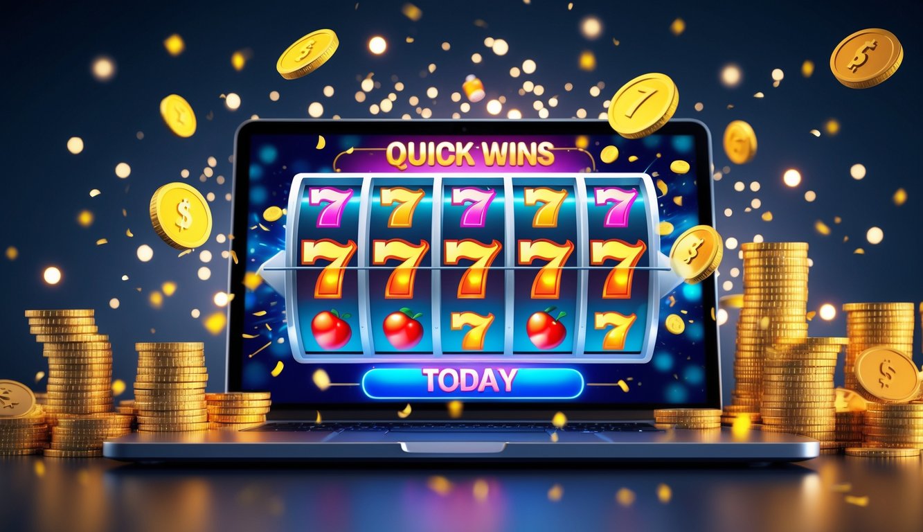 Seseorang menggunakan perangkat digital dengan layar menampilkan mesin slot online yang menunjukkan kemenangan besar dengan koin emas dan chip kasino di sekitarnya.