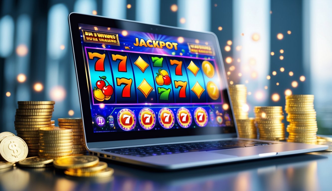 Sebuah komputer menampilkan permainan slot online dengan koin emas dan chip kasino di sekitarnya, menggambarkan kemenangan jackpot besar.