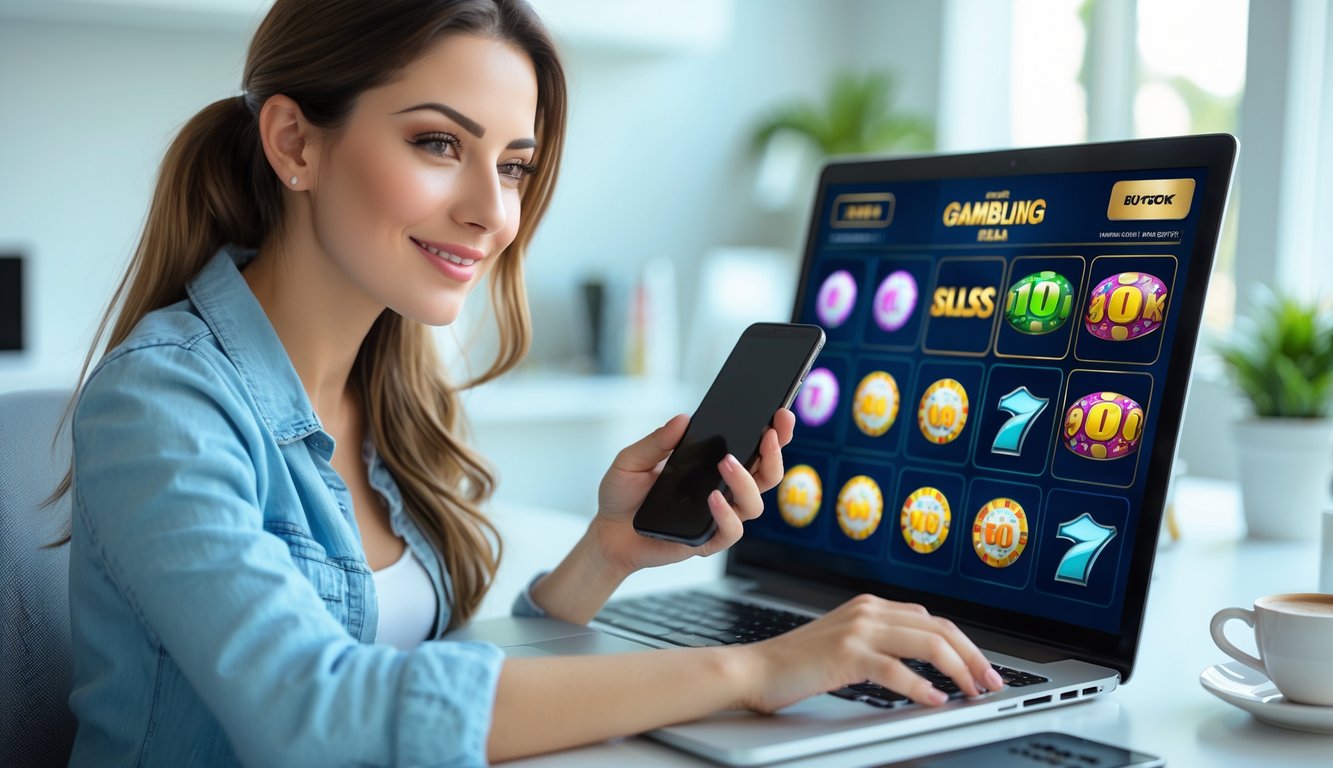 Seorang wanita muda duduk di meja dengan laptop dan ponsel, terlihat fokus dan percaya diri menggunakan situs judi online di ruang kerja yang terang dan rapi.