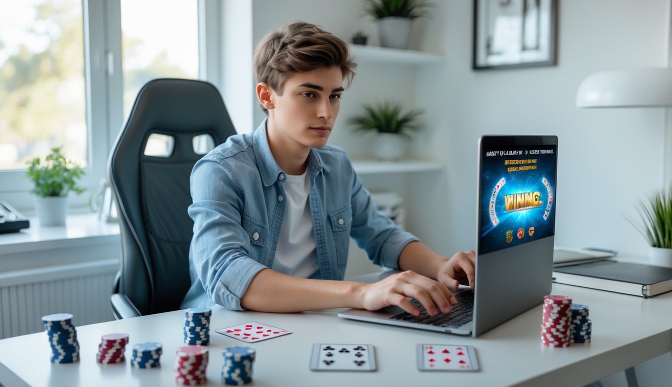 Seorang dewasa muda duduk di meja dengan laptop terbuka, fokus bermain judi online dengan suasana ruangan yang terang dan rapi.