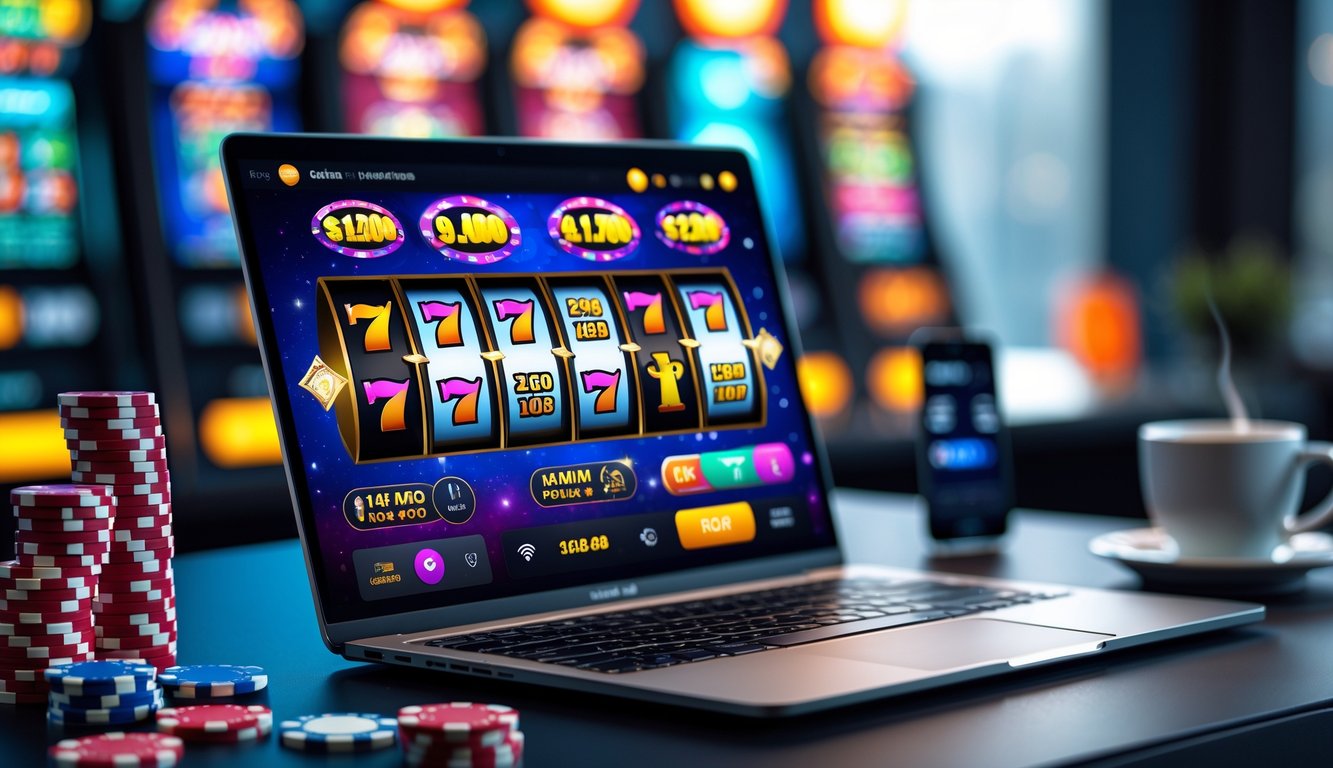 Seorang pengguna sedang bermain game judi online di laptop dengan chip poker dan ponsel di meja.