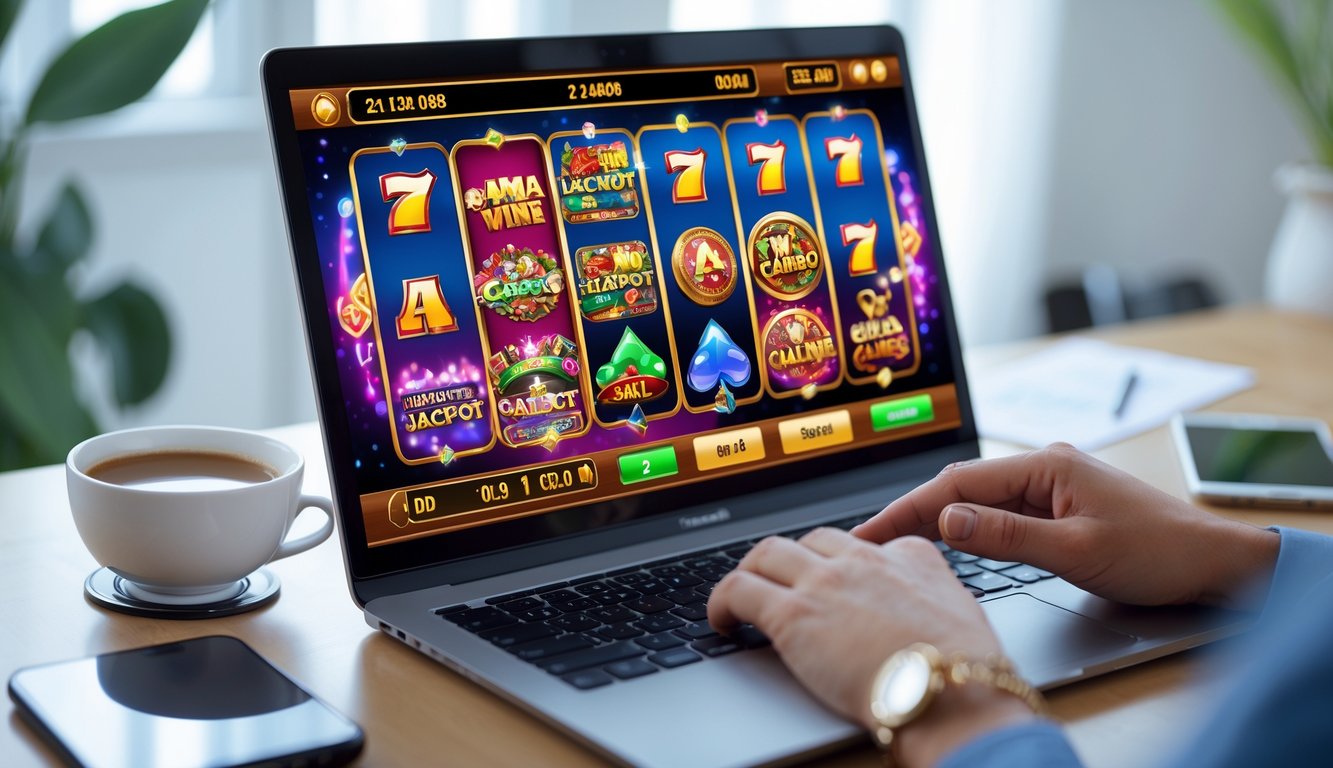 Seseorang menggunakan komputer dengan layar menampilkan permainan judi online yang penuh warna dan simbol jackpot, di lingkungan rumah atau kantor yang rapi.