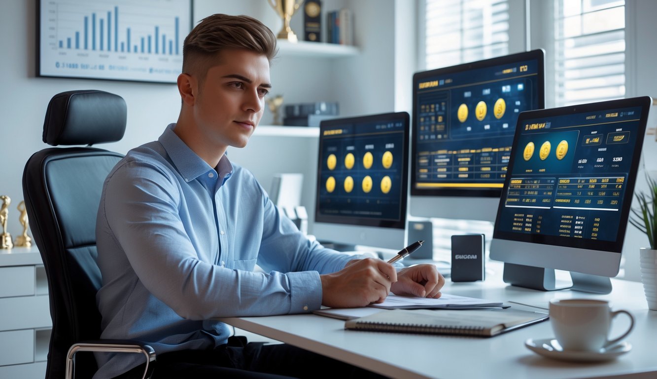 Seorang dewasa muda duduk di meja modern dengan beberapa perangkat digital menampilkan situs judi online dan pola jackpot, fokus menganalisis data dalam suasana kantor rumah yang terang.