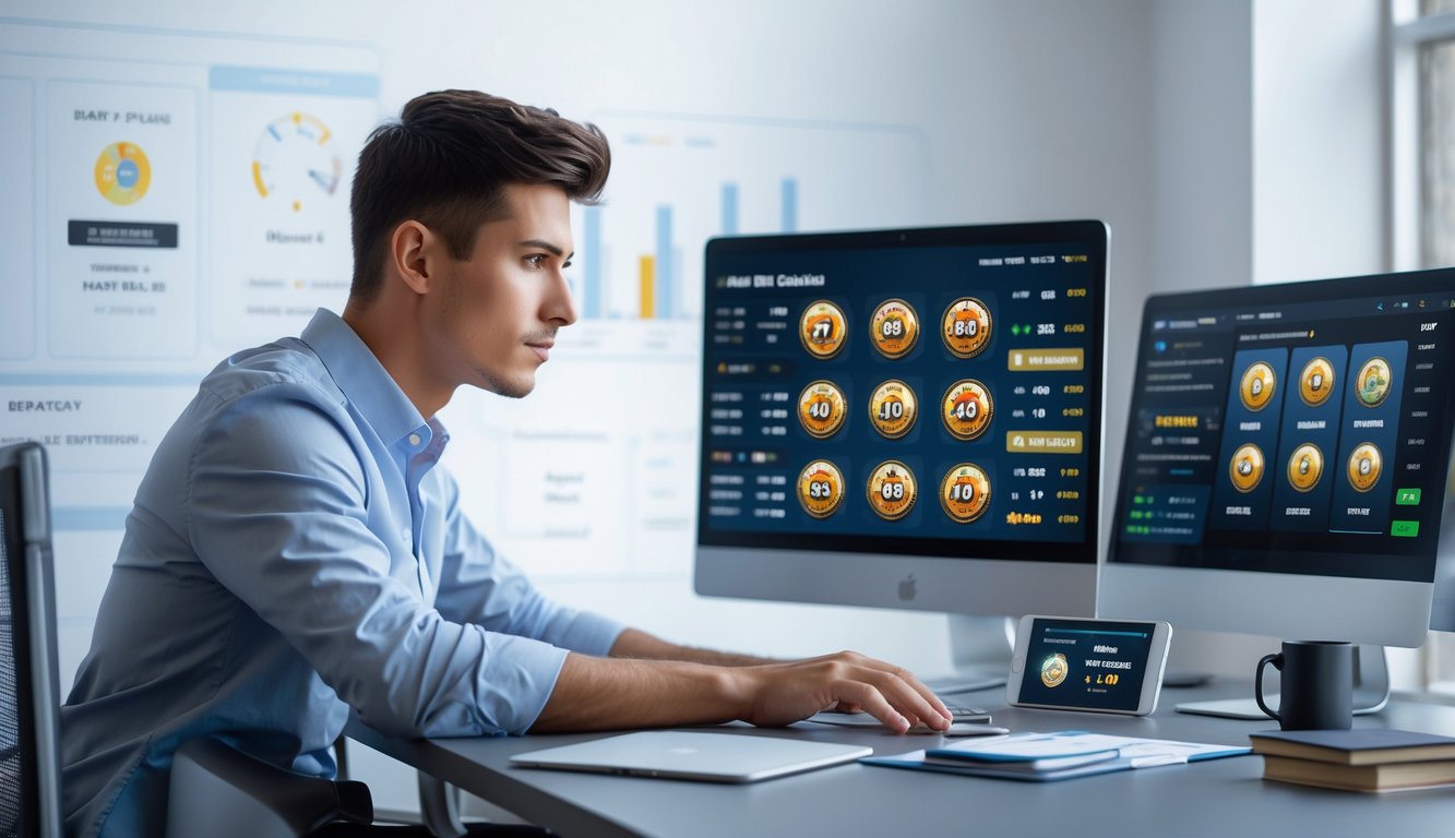 Seorang pria muda fokus duduk di meja dengan beberapa layar komputer menampilkan antarmuka judi online dan pola jackpot.