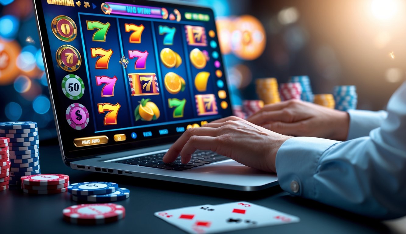 Tangan seseorang bermain permainan slot online di komputer dengan layar menampilkan gulungan warna-warni dan simbol jackpot.