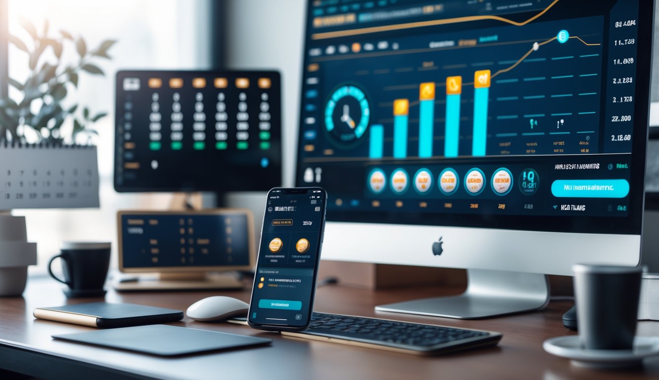 Meja kerja modern dengan komputer dan ponsel yang menampilkan grafik dan ikon jackpot, menunjukkan analisis jadwal jam gacor judi online.