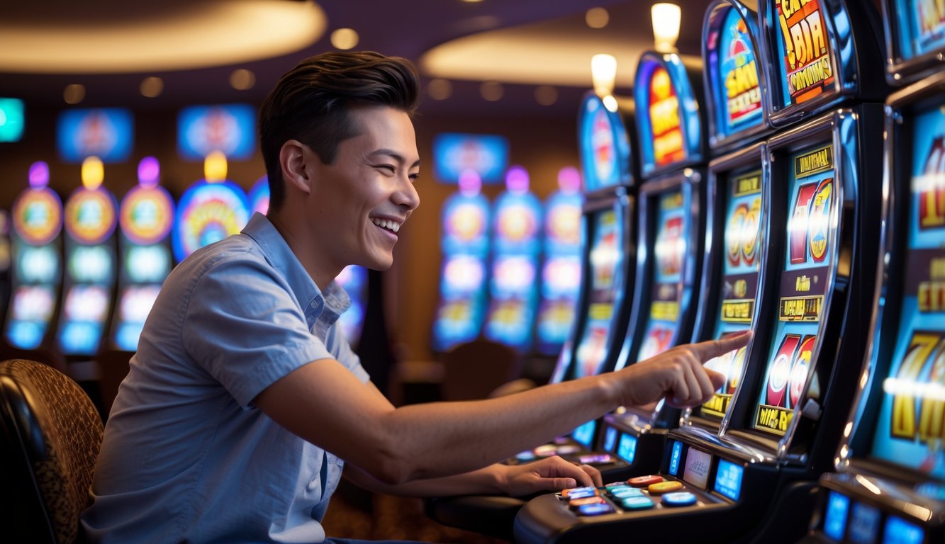 Seseorang duduk di depan mesin slot di kasino dengan ekspresi fokus dan semangat, mesin slot berputar dengan simbol buah dan jackpot.