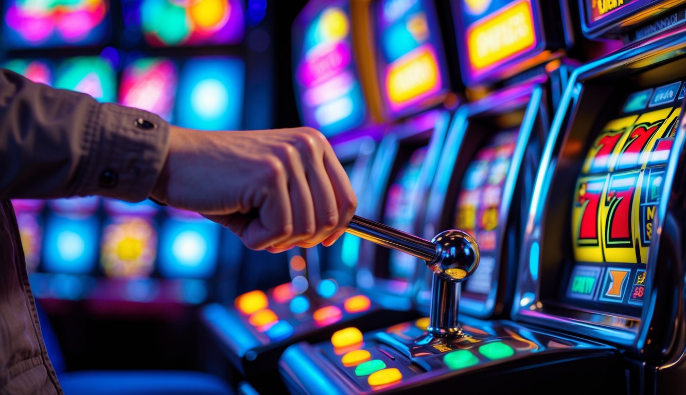 Tangan menarik tuas mesin slot yang menyala dengan latar belakang mesin slot lainnya di kasino.