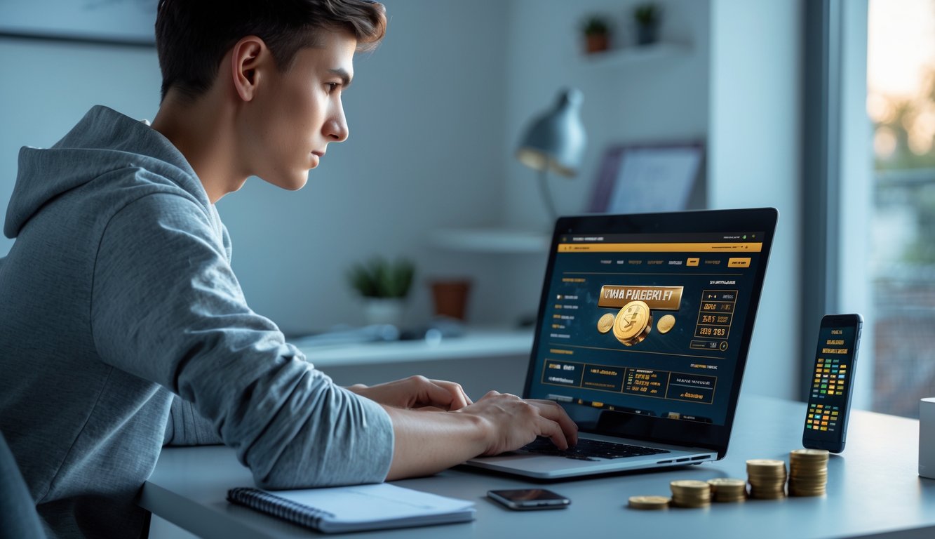 Seorang dewasa muda sedang duduk di meja dengan laptop, menggunakan situs judi online dengan suasana ruang kerja yang rapi dan pencahayaan lembut.