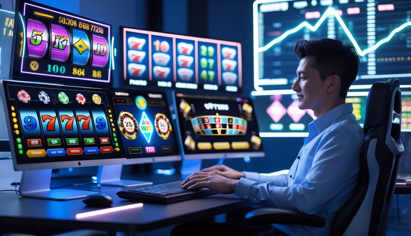 Seorang dewasa muda duduk di depan beberapa layar komputer yang menampilkan permainan judi online dengan lampu neon dan grafik data di latar belakang.