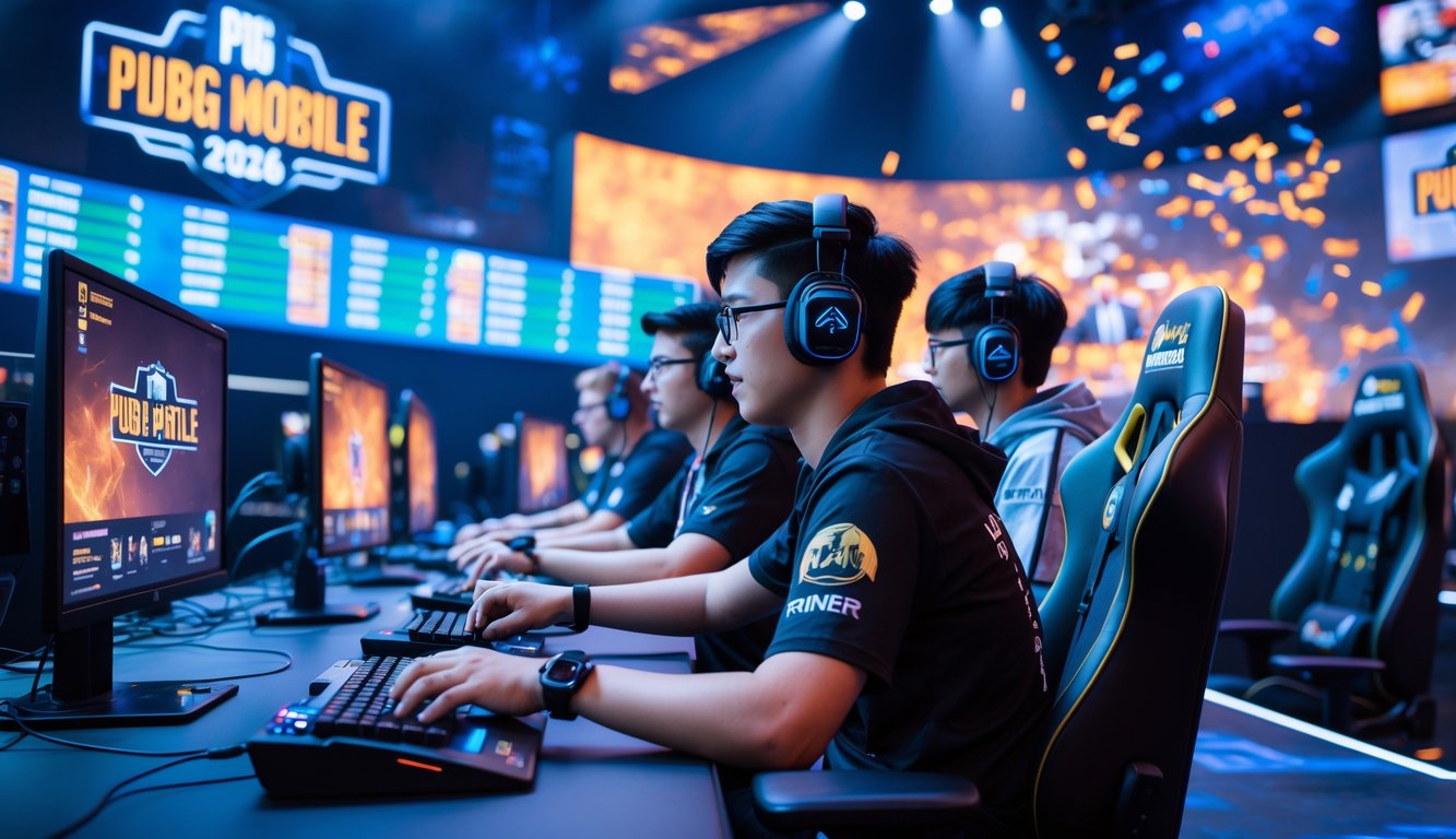 Sejumlah pemain muda sedang fokus bermain PUBG Mobile dalam turnamen esports global di arena gaming modern dengan peralatan canggih dan layar besar.