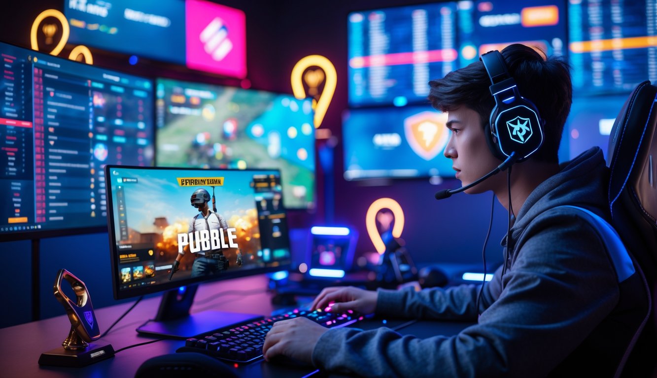 Seorang pemain muda sedang bermain PUBG Mobile di meja gaming dengan layar dan perlengkapan esports di sekitarnya.