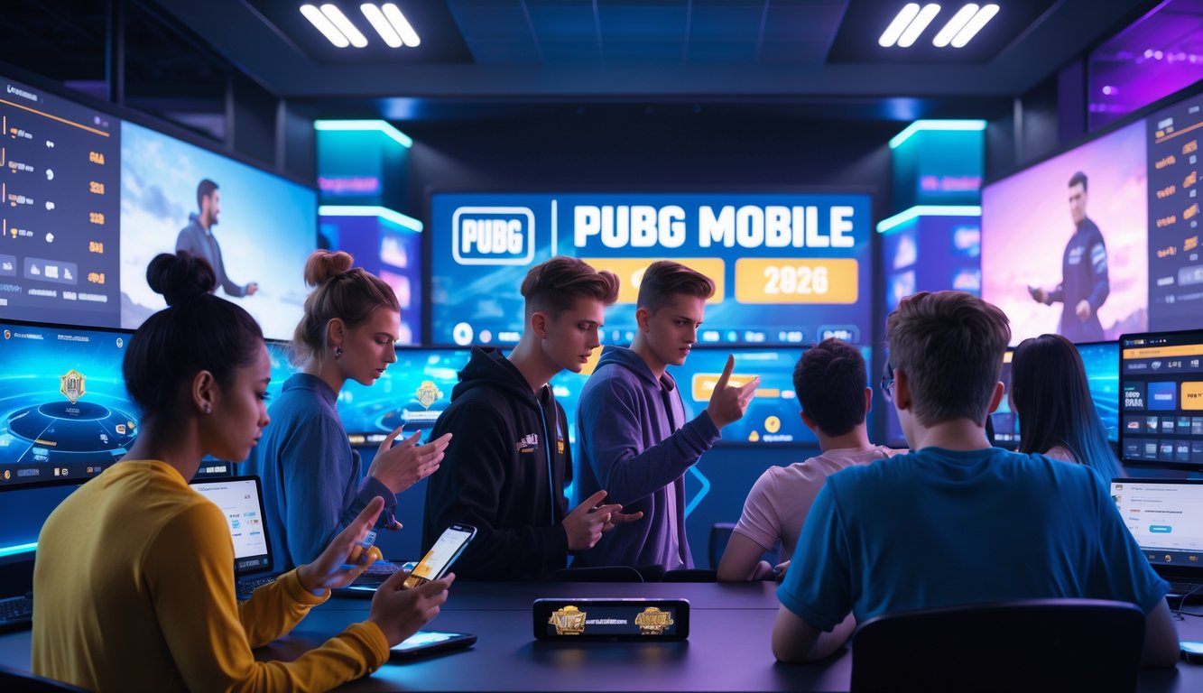 Sekelompok orang muda sedang menggunakan komputer dan perangkat digital untuk taruhan esports PUBG Mobile dengan tampilan permainan dan odds di layar.