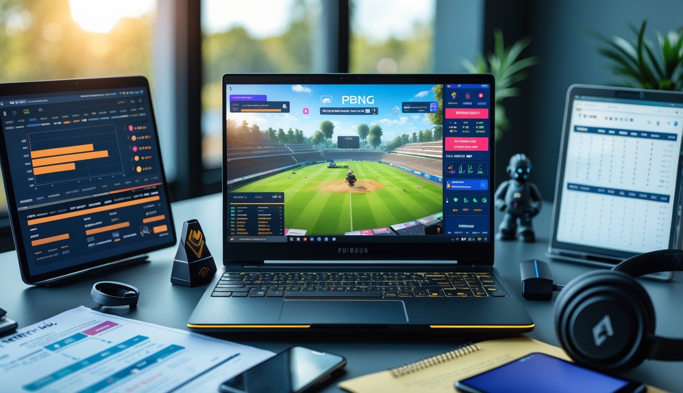 Seorang profesional duduk di depan laptop yang menampilkan pertandingan PUBG Mobile esports dengan grafik taruhan dan ponsel di meja, menunjukkan suasana kerja yang fokus dan modern.