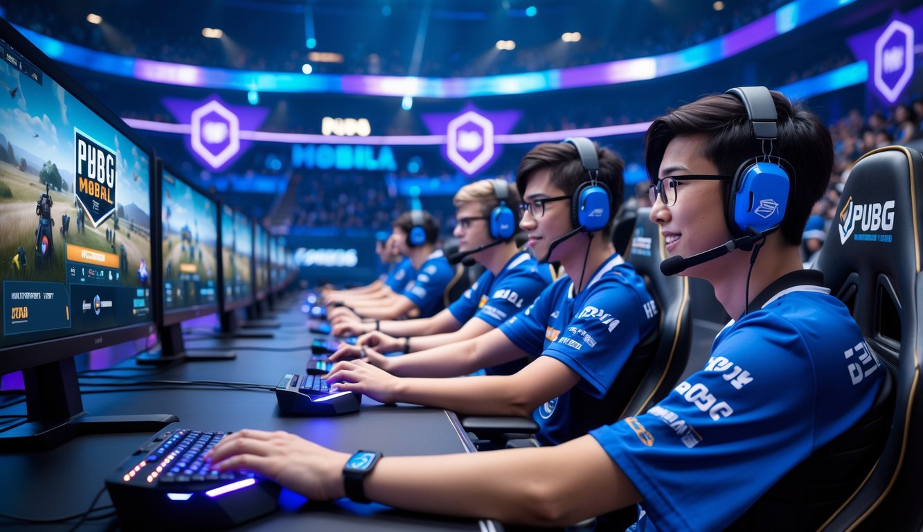 Sejumlah pemain esports muda sedang bermain PUBG Mobile dalam turnamen internasional dengan peralatan gaming modern dan suasana kompetitif.