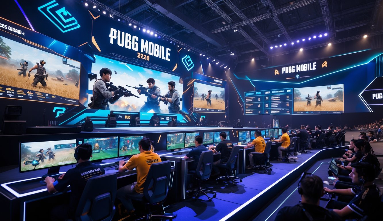Suasana turnamen esports PUBG Mobile tahun 2026 dengan pemain profesional yang sedang bertanding di panggung besar di depan penonton ramai.