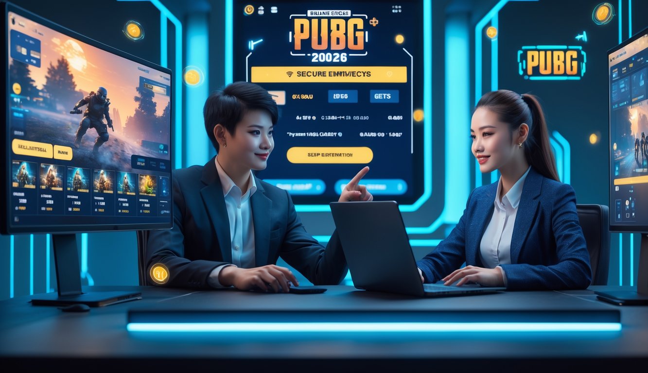 Dua orang muda duduk di depan beberapa monitor menampilkan permainan dan sistem taruhan PUBG dengan latar ruangan modern yang terang dan elemen digital yang menonjolkan pembayaran cepat dan aman.