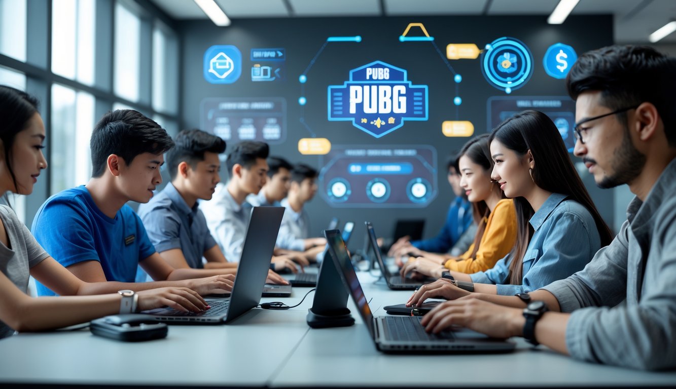 Sekelompok orang muda menggunakan laptop dan ponsel di ruang kerja modern dengan elemen digital yang menunjukkan sistem pembayaran cepat dan aman untuk taruhan PUBG.