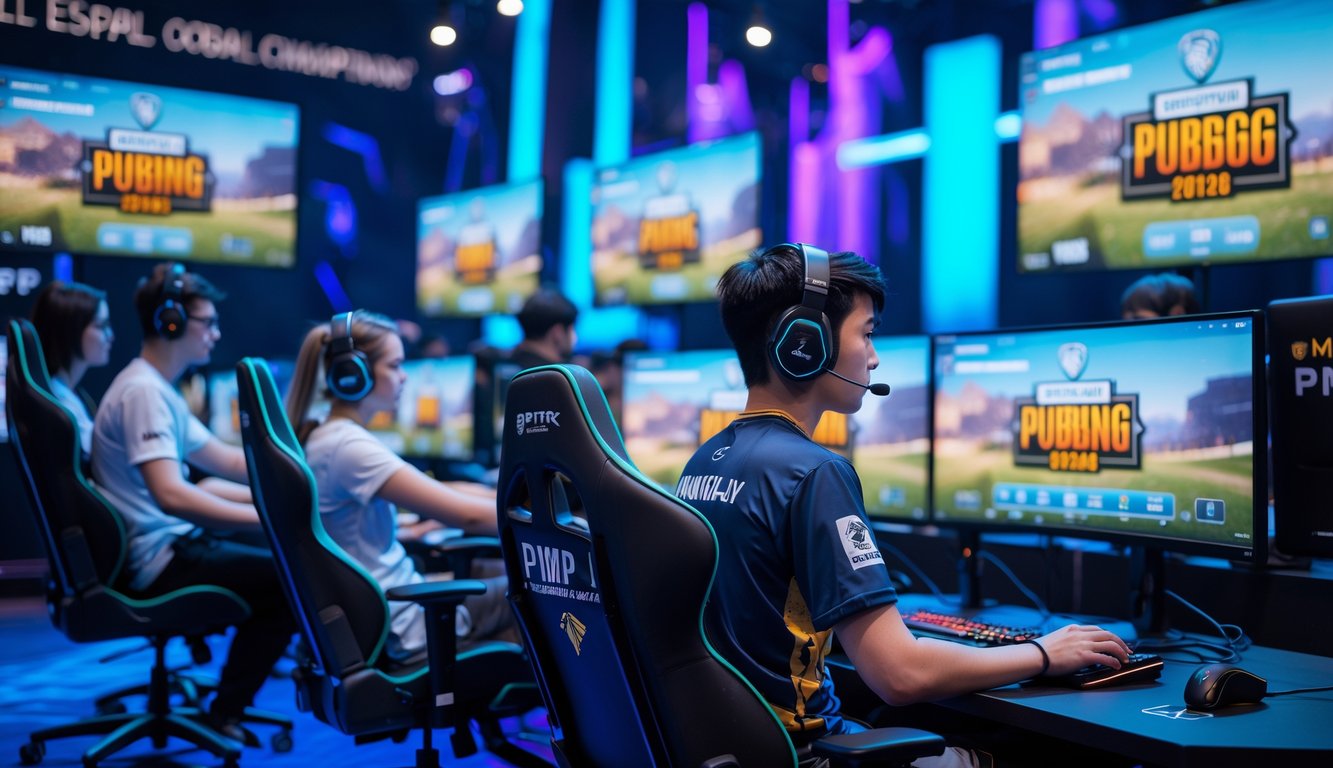 Seorang pemain esports fokus bermain PUBG Mobile di arena turnamen dengan beberapa monitor dan lampu LED berwarna biru dan ungu di latar belakang.