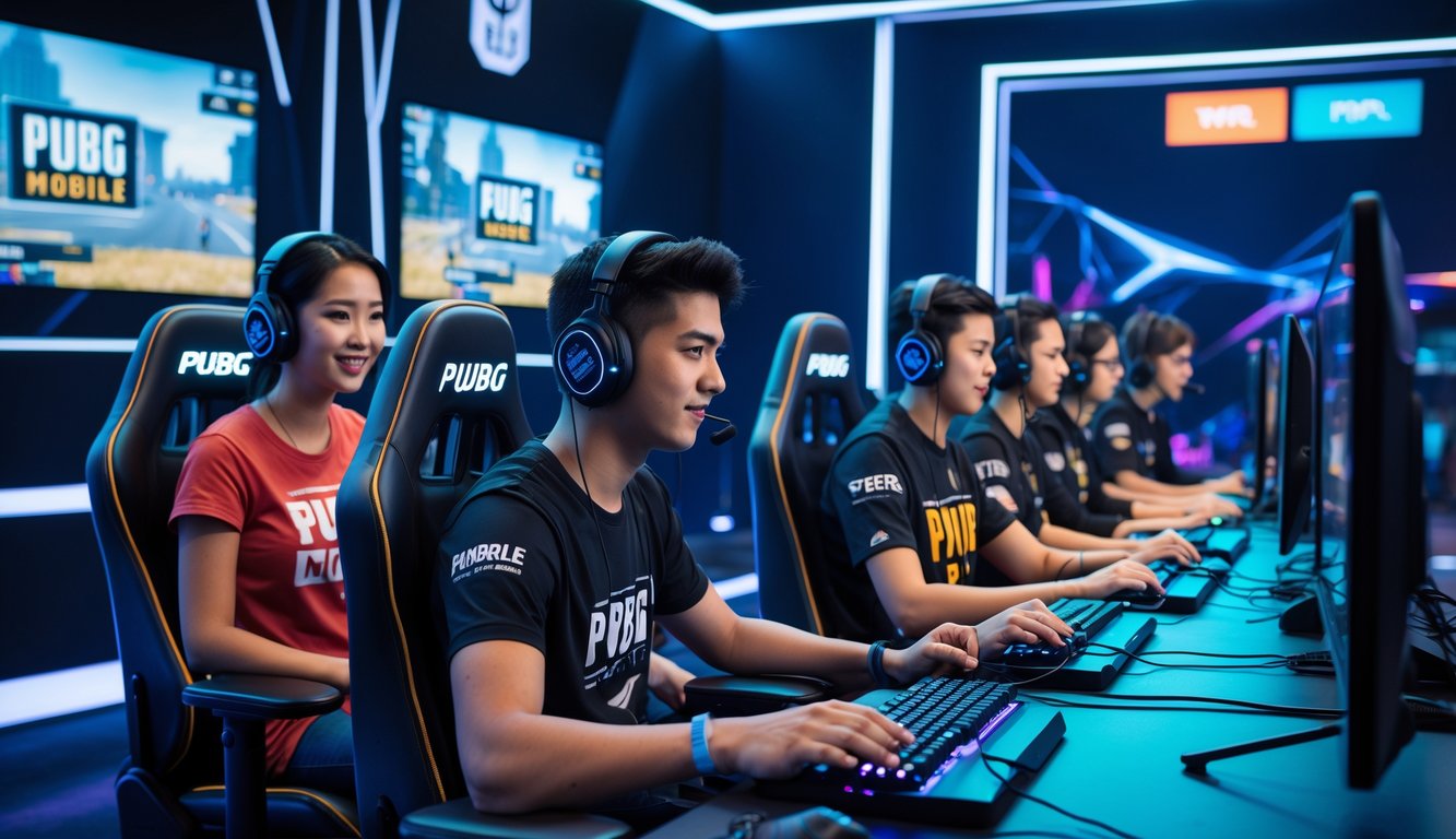 Sekelompok pemain muda sedang bermain PUBG Mobile dalam studio esports dengan monitor besar dan peralatan gaming lengkap.