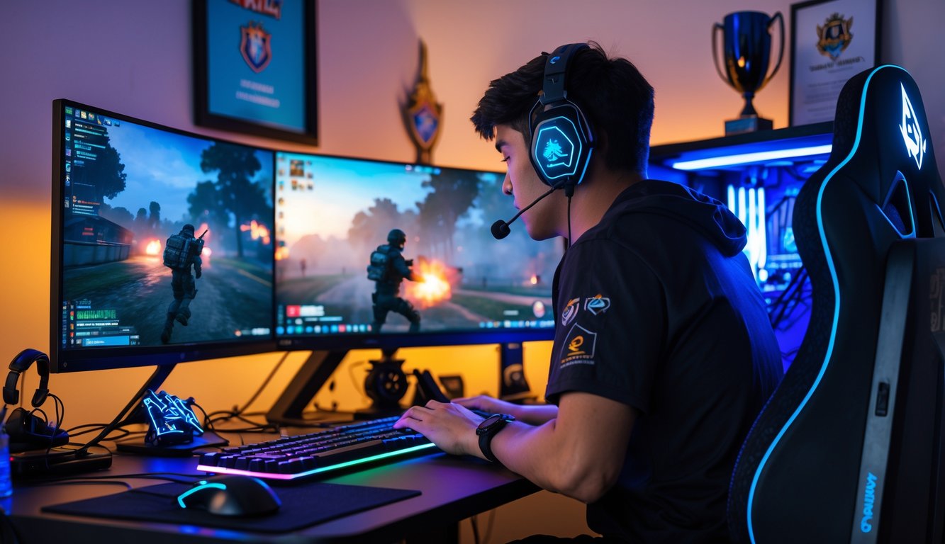 Seorang pemain muda sedang bermain game PUBG di komputer dengan beberapa monitor dan pencahayaan RGB di ruangan yang rapi dan profesional.