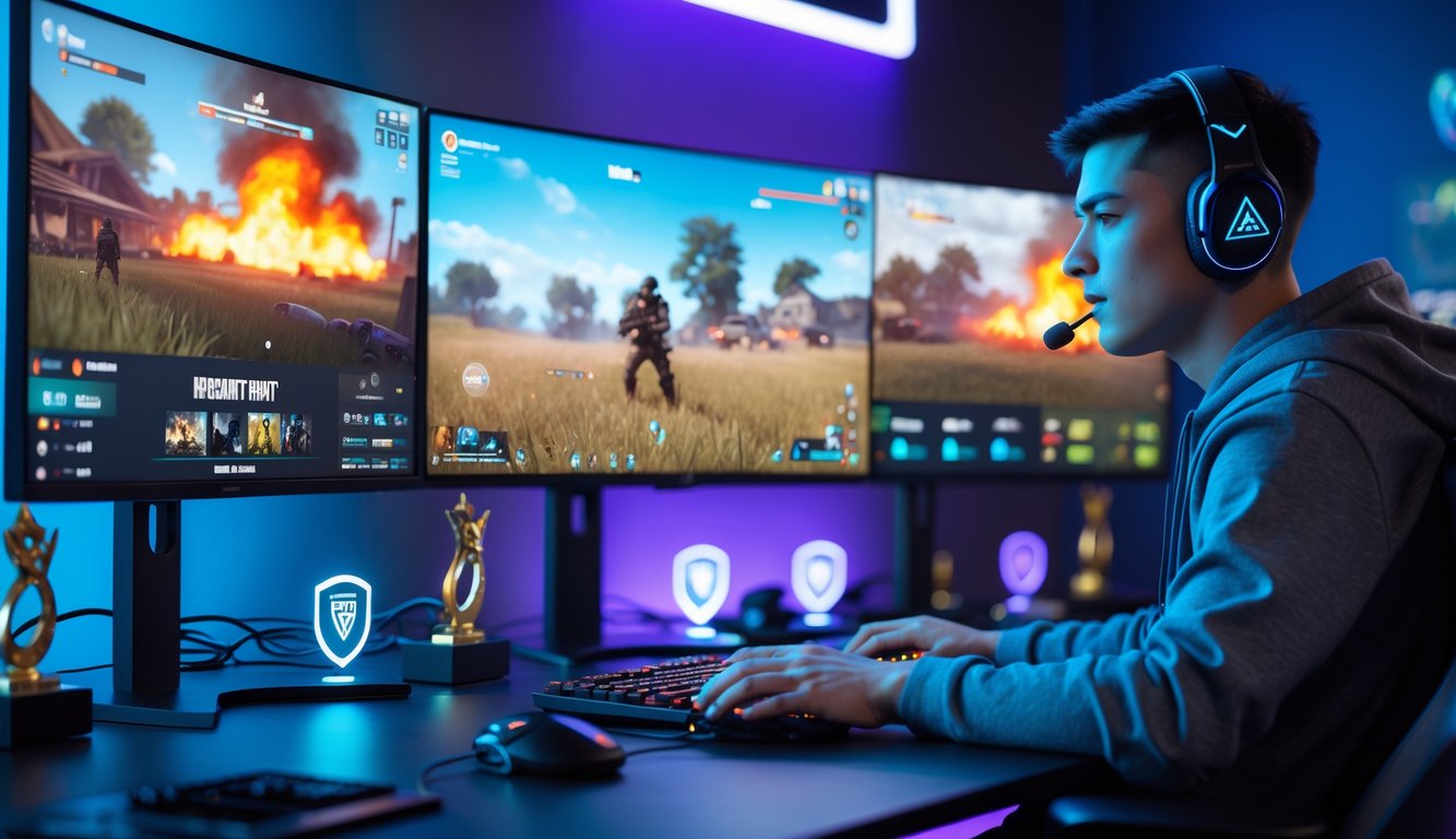 Seorang pemain esports muda sedang fokus bermain PUBG di depan beberapa monitor dengan pencahayaan biru dan ungu di latar belakang.