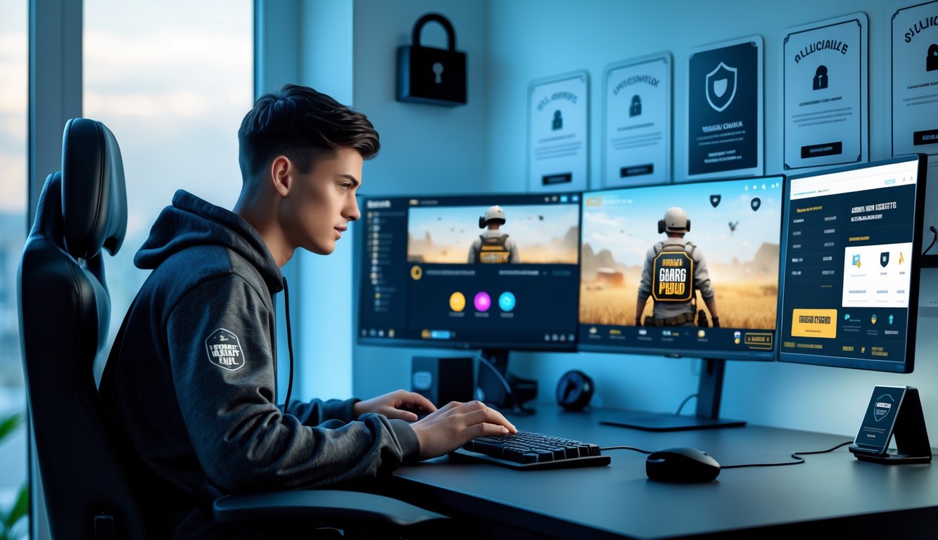 Seorang gamer muda duduk di meja dengan beberapa layar komputer menampilkan permainan PUBG Mobile dan simbol keamanan digital di latar belakang.