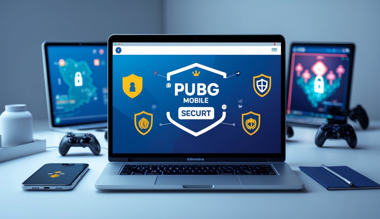 Seorang profesional menggunakan komputer dengan tampilan situs web yang aman, dikelilingi elemen terkait permainan PUBG Mobile.