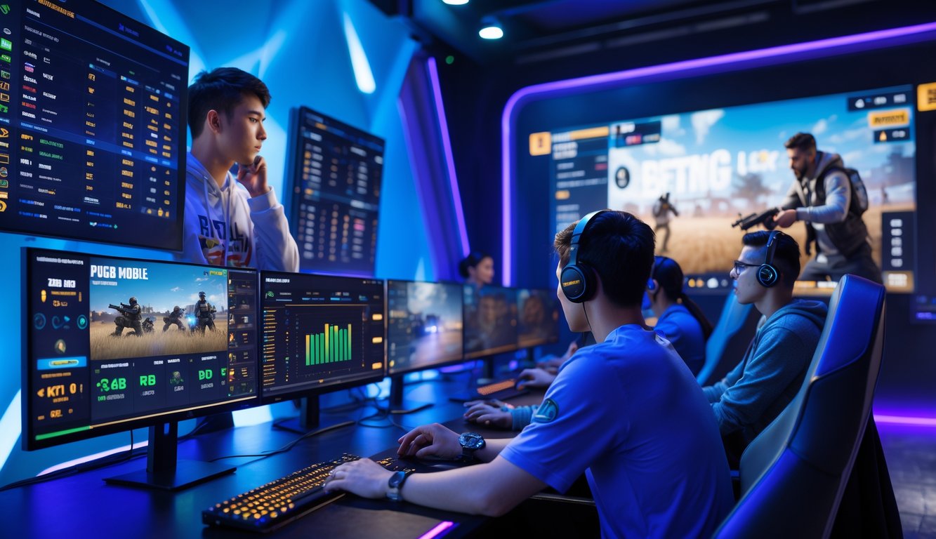 Beberapa orang muda sedang menggunakan komputer dengan layar menampilkan permainan PUBG Mobile dan data taruhan secara langsung dalam ruangan dengan pencahayaan biru dan ungu.