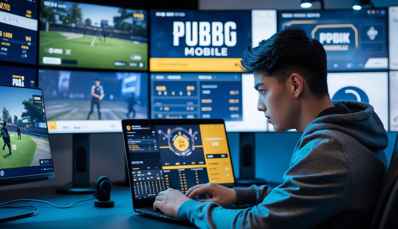Seorang pria muda sedang menggunakan laptop dengan layar menampilkan data taruhan langsung dan gameplay PUBG Mobile di lingkungan gaming modern.