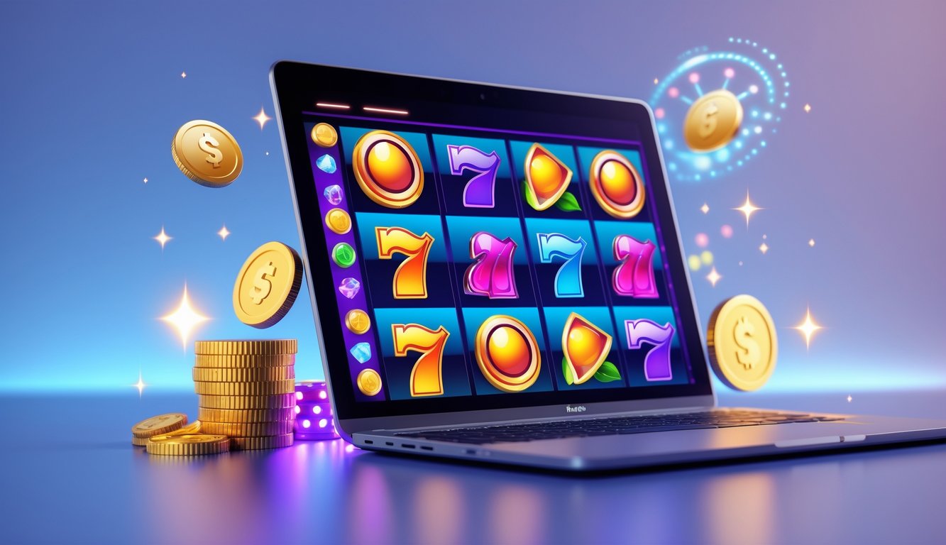 Sebuah layar komputer menampilkan mesin slot warna-warni dengan koin digital dan lampu berkilau di latar belakang futuristik.