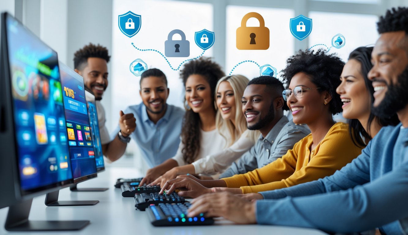 Sekelompok orang sedang bermain mesin slot online di komputer dalam ruangan yang terang dan modern.